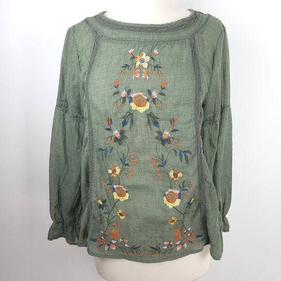 Umgee Green Floral Embroidered Peasant Blouse Long Sleeve Lightweight Small - Picture 1 of 11